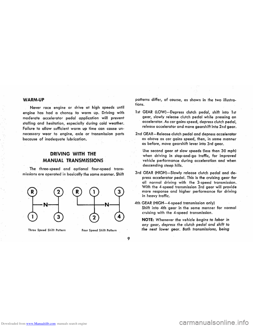 CHEVROLET CORVAIR 1986 2.G User Guide Downloaded from www.Manualslib.com manuals search engine WARM-UP
Never race engine or drive at high speeds until
engine has
had a chance to warm up. Driving with
moderate accelerator pedal appl CHEVROLET CORVAIR 1986 2.G User Guide Downloaded from www.Manualslib.com manuals search engine WARM-UP
Never race engine or drive at high speeds until
engine has
had a chance to warm up. Driving with
moderate accelerator pedal appl