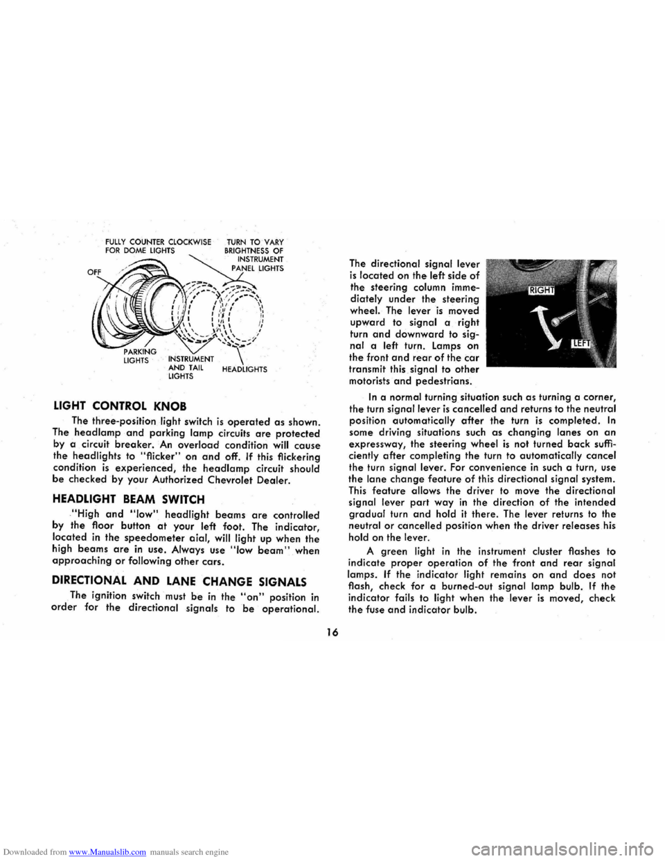 CHEVROLET CORVAIR 1986 2.G Owners Manual Downloaded from www.Manualslib.com manuals search engine FULLY COUNTER CLOCKWISE FOR DOME LIGHTS 
LIGHTS  INSTRUMENT 
AND TAIL 
LIGHTS 
LIGHT CONTROL  KNOB 
TURN TO VARY BRIGHTNESS OF INSTRUMENT 
PANE