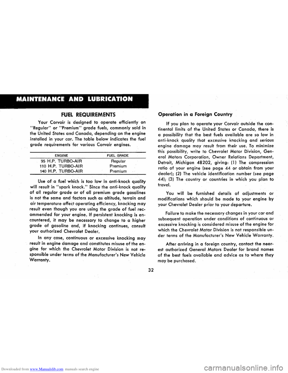 CHEVROLET CORVAIR 1986 2.G Owners Guide Downloaded from www.Manualslib.com manuals search engine MAINTENANCE AND LUBRICATION
FUEL REQUIREMENTS
Your Corvair is designed to operate efficiently on
"Regular" or "Premium" grade fuels, commonl CHEVROLET CORVAIR 1986 2.G Owners Guide Downloaded from www.Manualslib.com manuals search engine MAINTENANCE AND LUBRICATION
FUEL REQUIREMENTS
Your Corvair is designed to operate efficiently on
"Regular" or "Premium" grade fuels, commonl