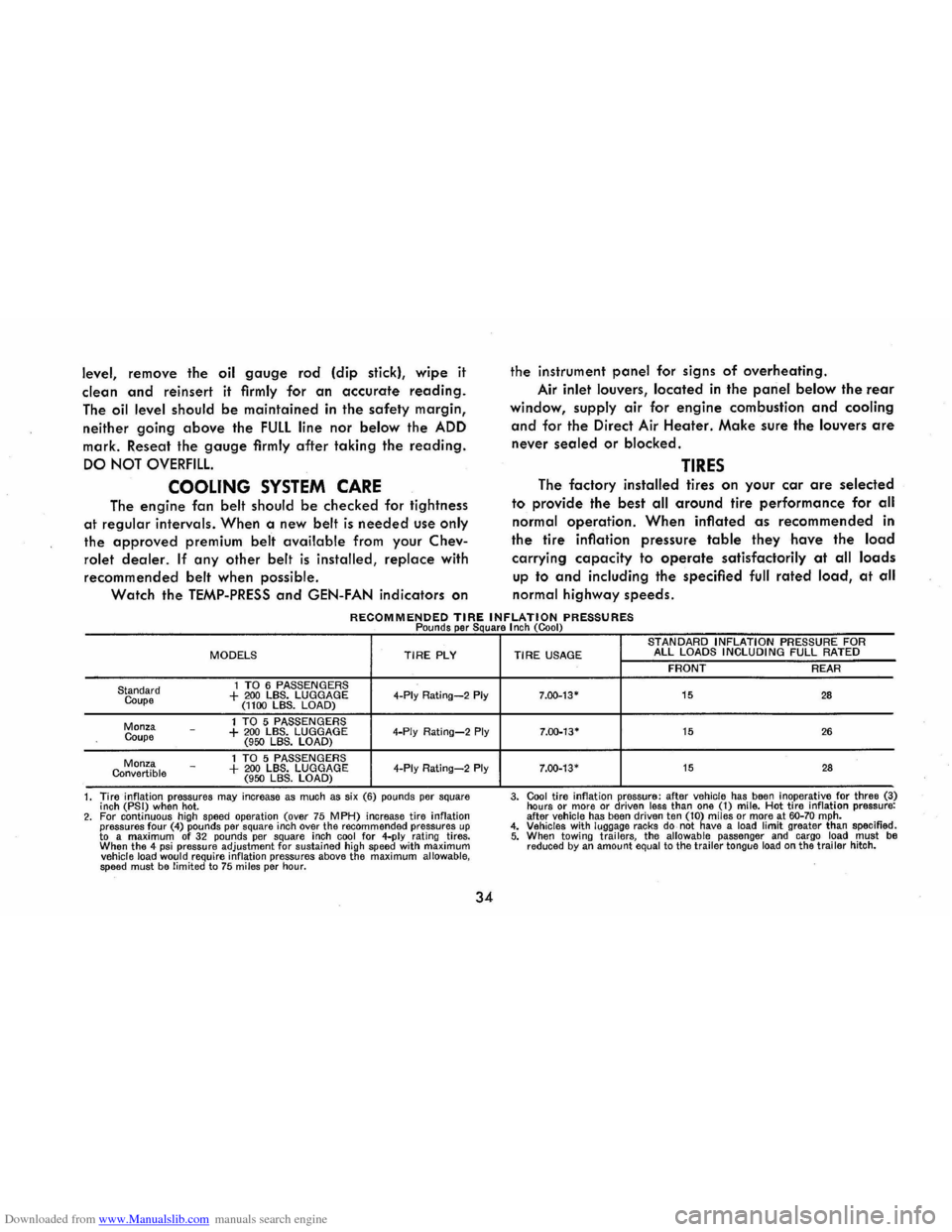 CHEVROLET CORVAIR 1986 2.G Owners Manual Downloaded from www.Manualslib.com manuals search engine level, remove  the oil gauge rod (dip stick), wipe it 
clean and reinsert it firmly for an accurate reading. 
The oil level  should  be maintai