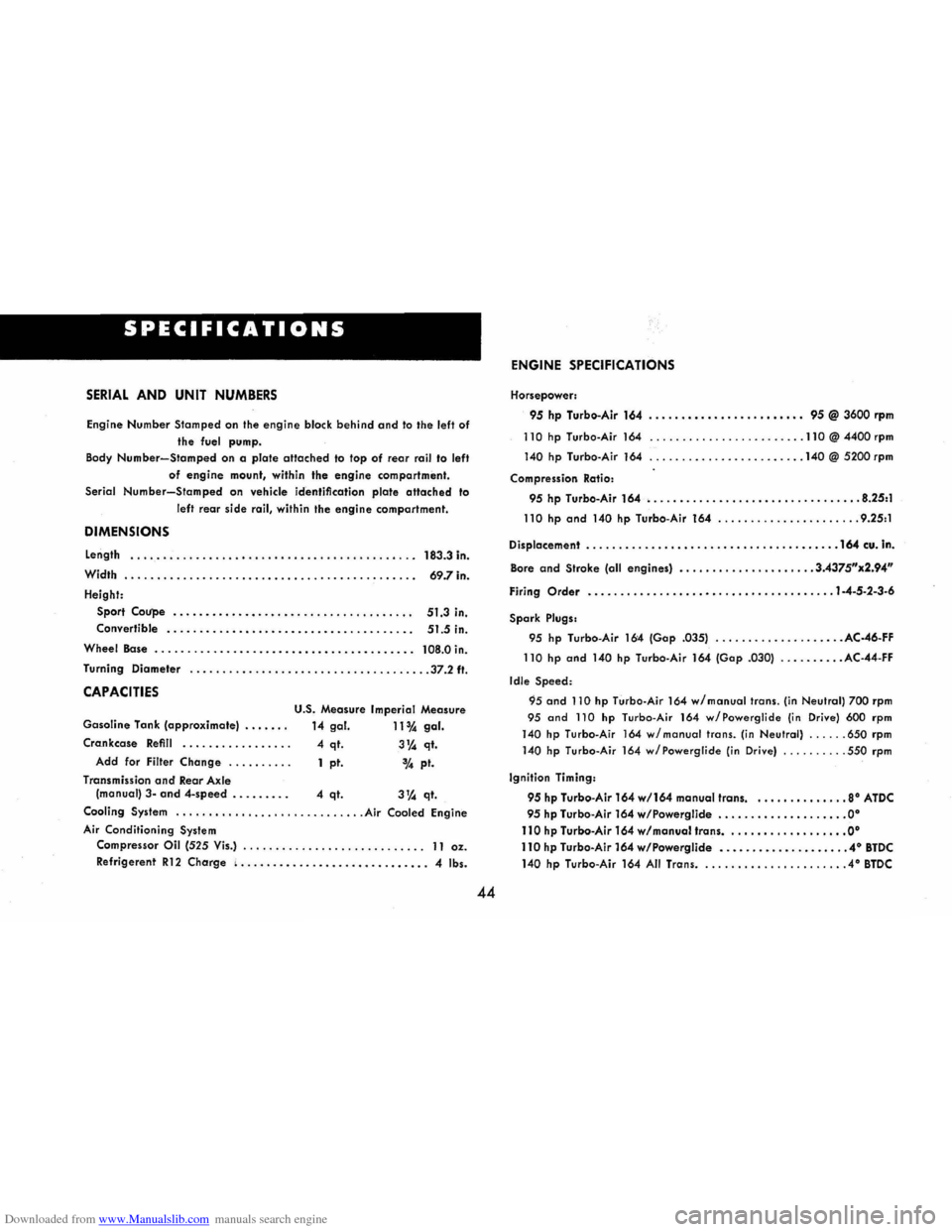 CHEVROLET CORVAIR 1986 2.G Service Manual Downloaded from www.Manualslib.com manuals search engine SPECIFICATIONS 
SERIAL AND UNIT NUMBERS 
Engine Number  Stamped  on the engine block behind and to the  left  of 
the fuel  pump. 
Body 
Number