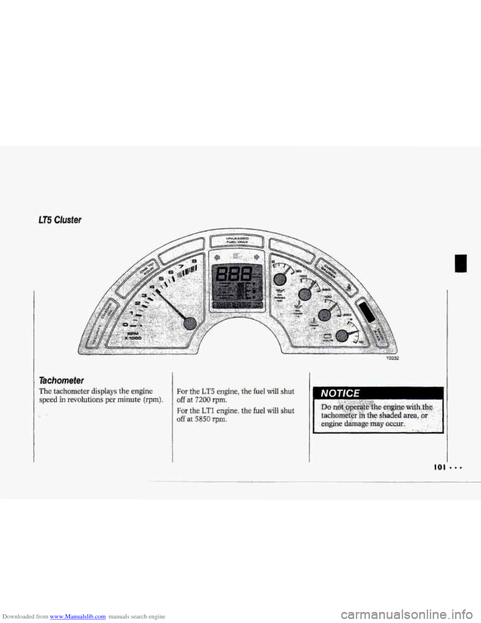 CHEVROLET CORVETTE 1993 4.G Owners Manual Downloaded from www.Manualslib.com manuals search engine LT5 Clusfer
Tachometer
The tachometer displays the engine: FOT the LT.5 engine, .the fuel will shut
speed in revolgtions per minute (r~m). o CHEVROLET CORVETTE 1993 4.G Owners Manual Downloaded from www.Manualslib.com manuals search engine LT5 Clusfer
Tachometer
The tachometer displays the engine: FOT the LT.5 engine, .the fuel will shut
speed in revolgtions per minute (r~m). o