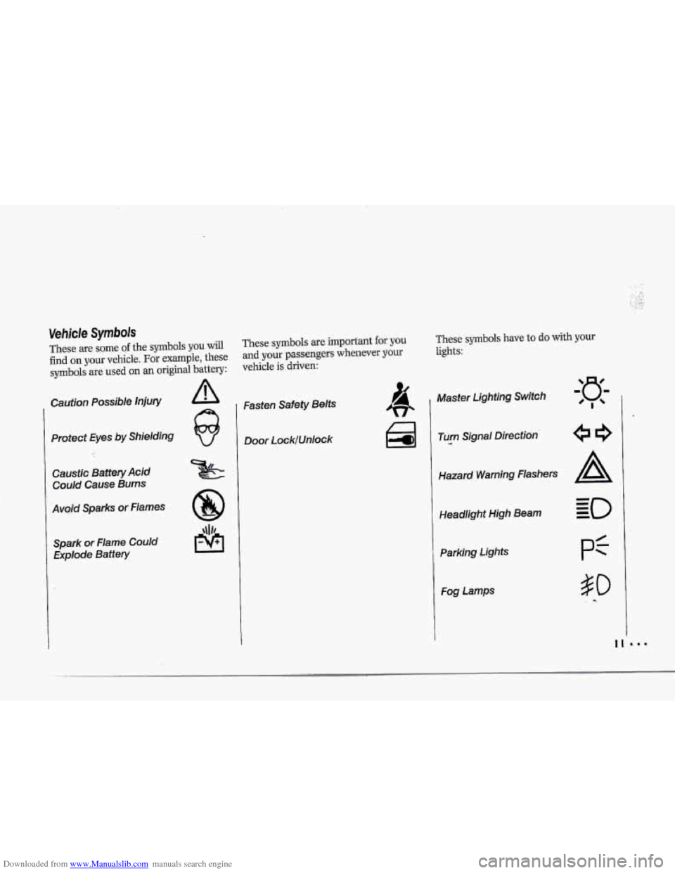 CHEVROLET CORVETTE 1993 4.G User Guide Downloaded from www.Manualslib.com manuals search engine These are some of the symbols you will
find on your vehicle. For example, these
symboJs are used on an original battery:
Caution Possib CHEVROLET CORVETTE 1993 4.G User Guide Downloaded from www.Manualslib.com manuals search engine These are some of the symbols you will
find on your vehicle. For example, these
symboJs are used on an original battery:
Caution Possib