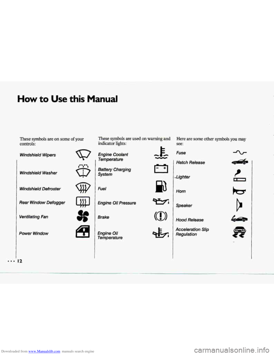 CHEVROLET CORVETTE 1993 4.G User Guide Downloaded from www.Manualslib.com manuals search engine H6w to Use this Manual 
These s~nrbob are on some.of your 
controls: 
Windshieid  Wipers 
Windshield 
Washer 
Windshield Defroster 
Rear Window