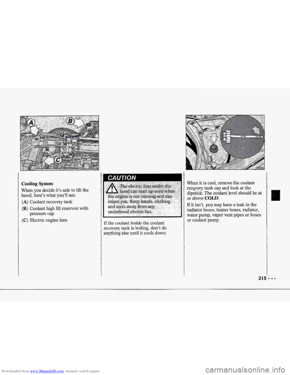 CHEVROLET CORVETTE 1993 4.G Owners Manual Downloaded from www.Manualslib.com manuals search engine F“ 
i 1 
I 
;I” 
i 
Cooling System 
When you decide it% safe to lift the 
hood, heri’s.what you’ll see-: 
(A) Coolant.recovery tank 
(B