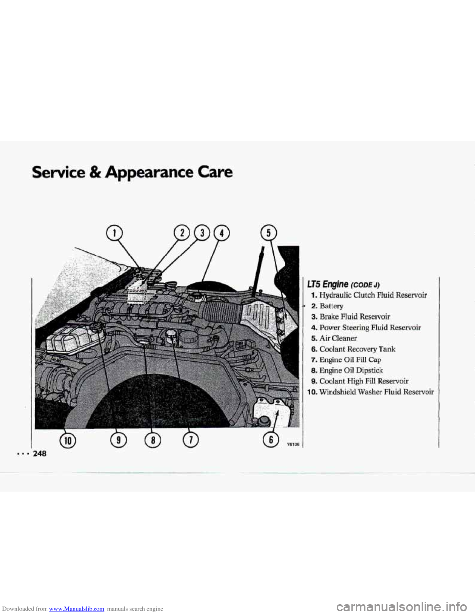 CHEVROLET CORVETTE 1993 4.G Owners Manual Downloaded from www.Manualslib.com manuals search engine Service & Appearance Care ..
\!
1 LT5 Engine (CODEJ)
1. Hydraulic Clutch Fluid Reservoir
2. Battery
3. Brake Fluid Reservoir
4. Power St CHEVROLET CORVETTE 1993 4.G Owners Manual Downloaded from www.Manualslib.com manuals search engine Service & Appearance Care ..
\!
1 LT5 Engine (CODEJ)
1. Hydraulic Clutch Fluid Reservoir
2. Battery
3. Brake Fluid Reservoir
4. Power St