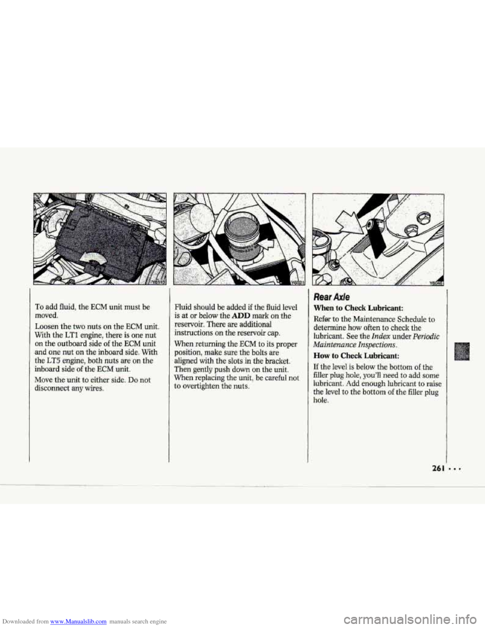CHEVROLET CORVETTE 1993 4.G Owners Manual Downloaded from www.Manualslib.com manuals search engine To add fluid, the ECM unit rnust.be
moved.
Loosen the two nuts-on the ECM unit.
With the
LT1 engine, there is one nut
on the outbo CHEVROLET CORVETTE 1993 4.G Owners Manual Downloaded from www.Manualslib.com manuals search engine To add fluid, the ECM unit rnust.be
moved.
Loosen the two nuts-on the ECM unit.
With the
LT1 engine, there is one nut
on the outbo