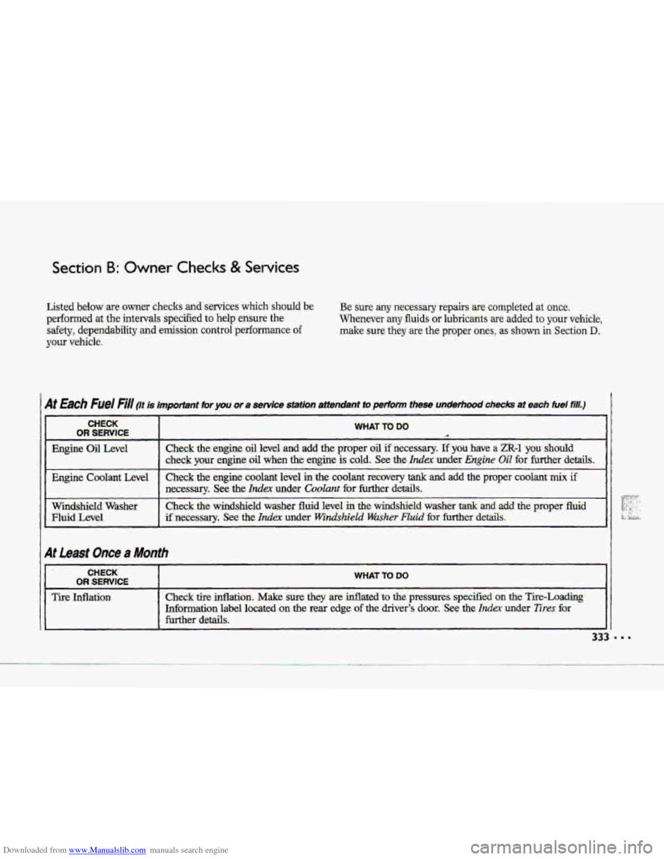 CHEVROLET CORVETTE 1993 4.G Owners Manual Downloaded from www.Manualslib.com manuals search engine a
w
c
Section B: Owner Checks & Servrces
Listed below are owner checks and s&vice:s which should be
performed at the intervals specifie CHEVROLET CORVETTE 1993 4.G Owners Manual Downloaded from www.Manualslib.com manuals search engine a
w
c
Section B: Owner Checks & Servrces
Listed below are owner checks and s&vice:s which should be
performed at the intervals specifie