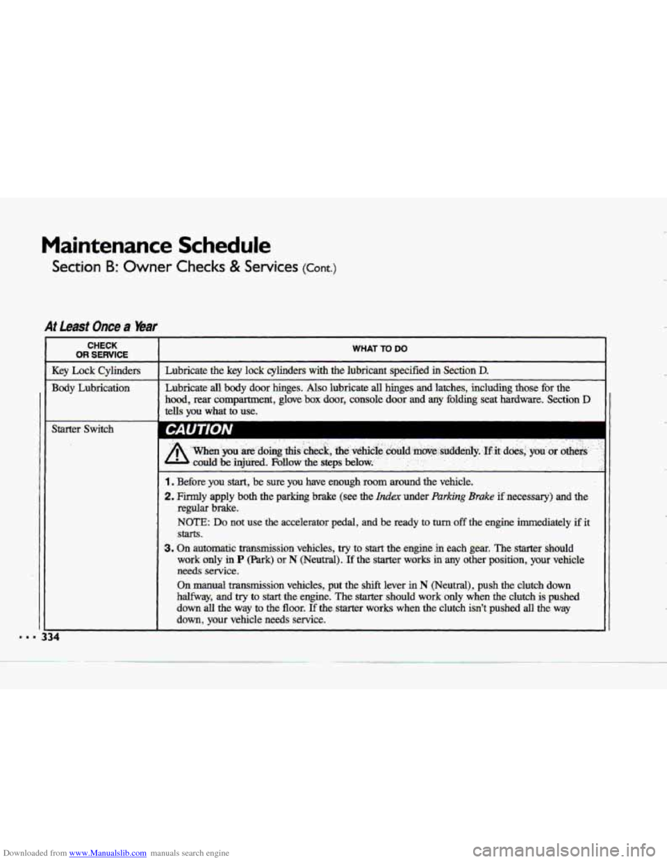 CHEVROLET CORVETTE 1993 4.G Owners Manual Downloaded from www.Manualslib.com manuals search engine Maintenance Schedule 
Section 6: Owner Checks & Services (Cant.) 
CHECK 
OR .SERVICE 
Key Lock Cylinders 
Body Lubrication 
WHAT TO DO 
Lubrica