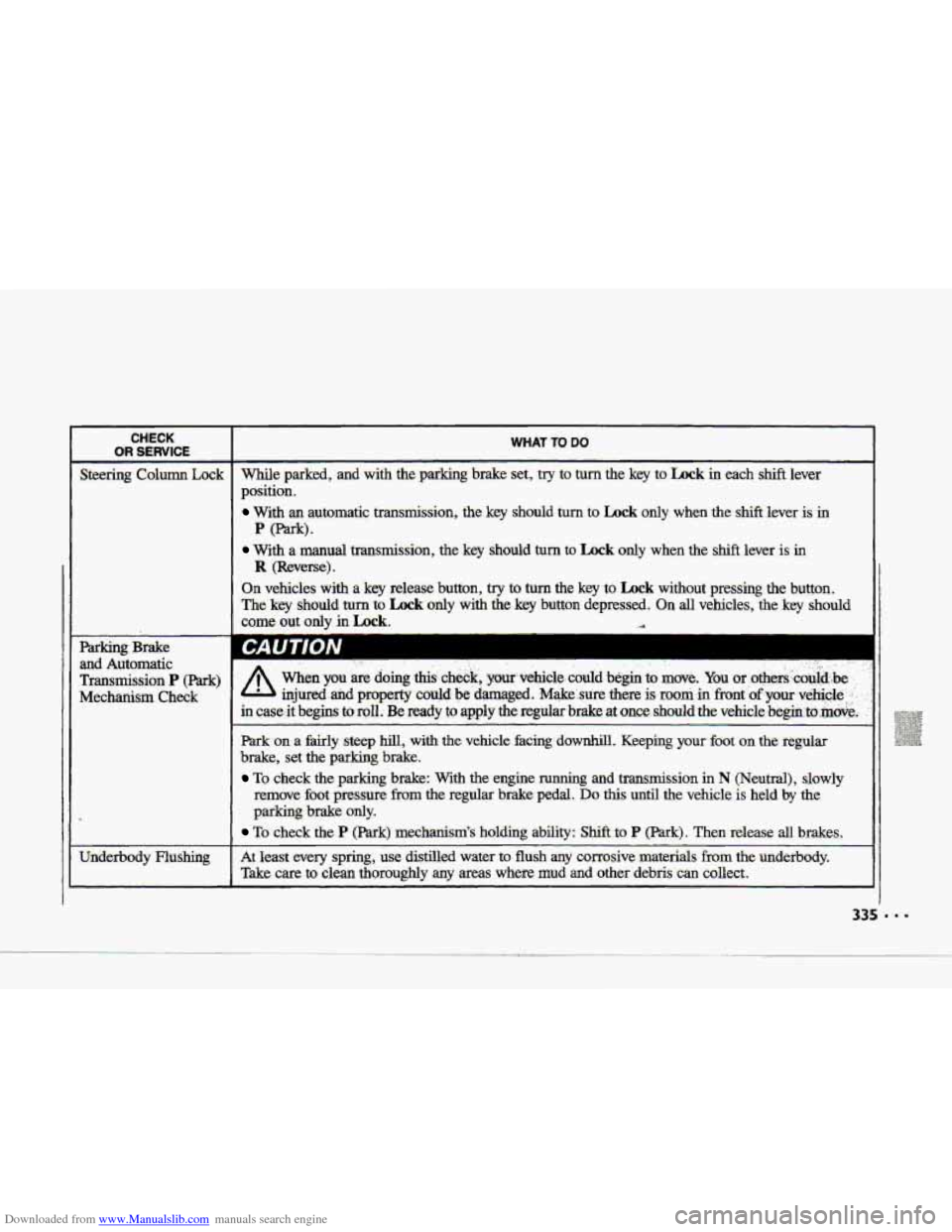 CHEVROLET CORVETTE 1993 4.G Owners Manual Downloaded from www.Manualslib.com manuals search engine 0 
CHECK- 
I OR SERVICE 
Parking Brake 
and Automatic 
Transmission P (Park) 
Mechanism  Check 
Underbody 
Flu&ing 
WHAT TO DO 
While  parked, 