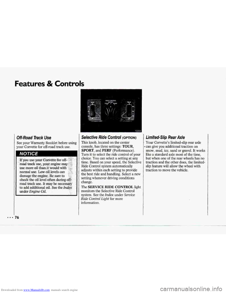 CHEVROLET CORVETTE 1993 4.G Manual PDF Downloaded from www.Manualslib.com manuals search engine Features & Controls
Of-Road Track Use
See your Warranty Booklet before using
your Corvette
for off-road track use.
NOTICE I
..
S CHEVROLET CORVETTE 1993 4.G Manual PDF Downloaded from www.Manualslib.com manuals search engine Features & Controls
Of-Road Track Use
See your Warranty Booklet before using
your Corvette
for off-road track use.
NOTICE I
..
S