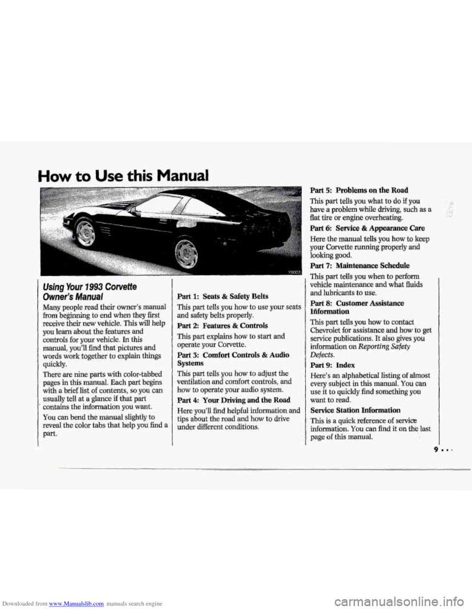 CHEVROLET CORVETTE 1993 4.G Owners Manual Downloaded from www.Manualslib.com manuals search engine I T
‘p
‘T
‘T
T
T
How to Use this Manual
Ushg Your 7993 Corvette
Owner’s Manual
Many people read their owner’s manual
from CHEVROLET CORVETTE 1993 4.G Owners Manual Downloaded from www.Manualslib.com manuals search engine I T
‘p
‘T
‘T
T
T
How to Use this Manual
Ushg Your 7993 Corvette
Owner’s Manual
Many people read their owner’s manual
from