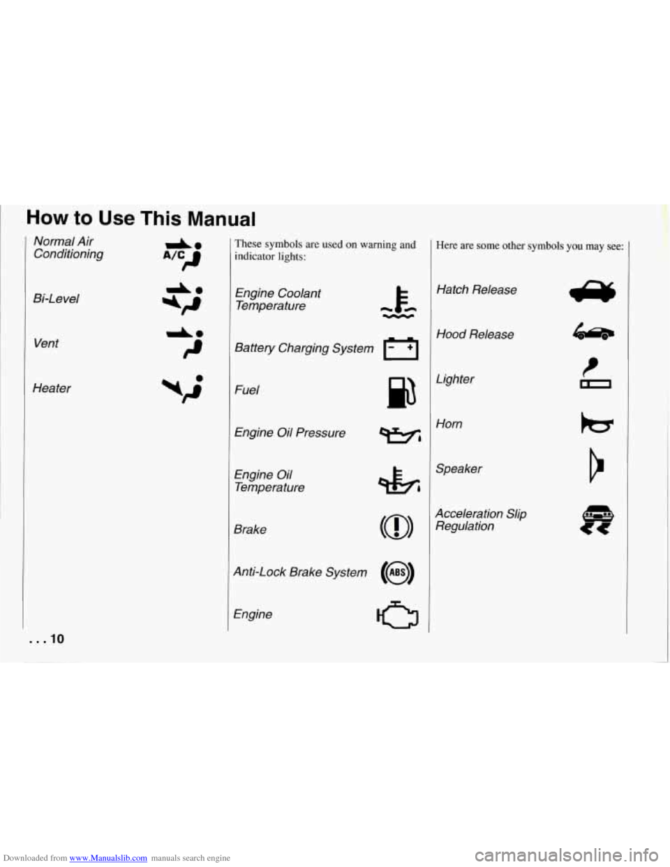 CHEVROLET CORVETTE 1994 4.G User Guide Downloaded from www.Manualslib.com manuals search engine How to Use This Manual
Normal Air Conditioning
Bi-Level Vent
Heater
. . .10
These symbols are used on warning and
indicator lights:
CHEVROLET CORVETTE 1994 4.G User Guide Downloaded from www.Manualslib.com manuals search engine How to Use This Manual
Normal Air Conditioning
Bi-Level Vent
Heater
. . .10
These symbols are used on warning and
indicator lights:
