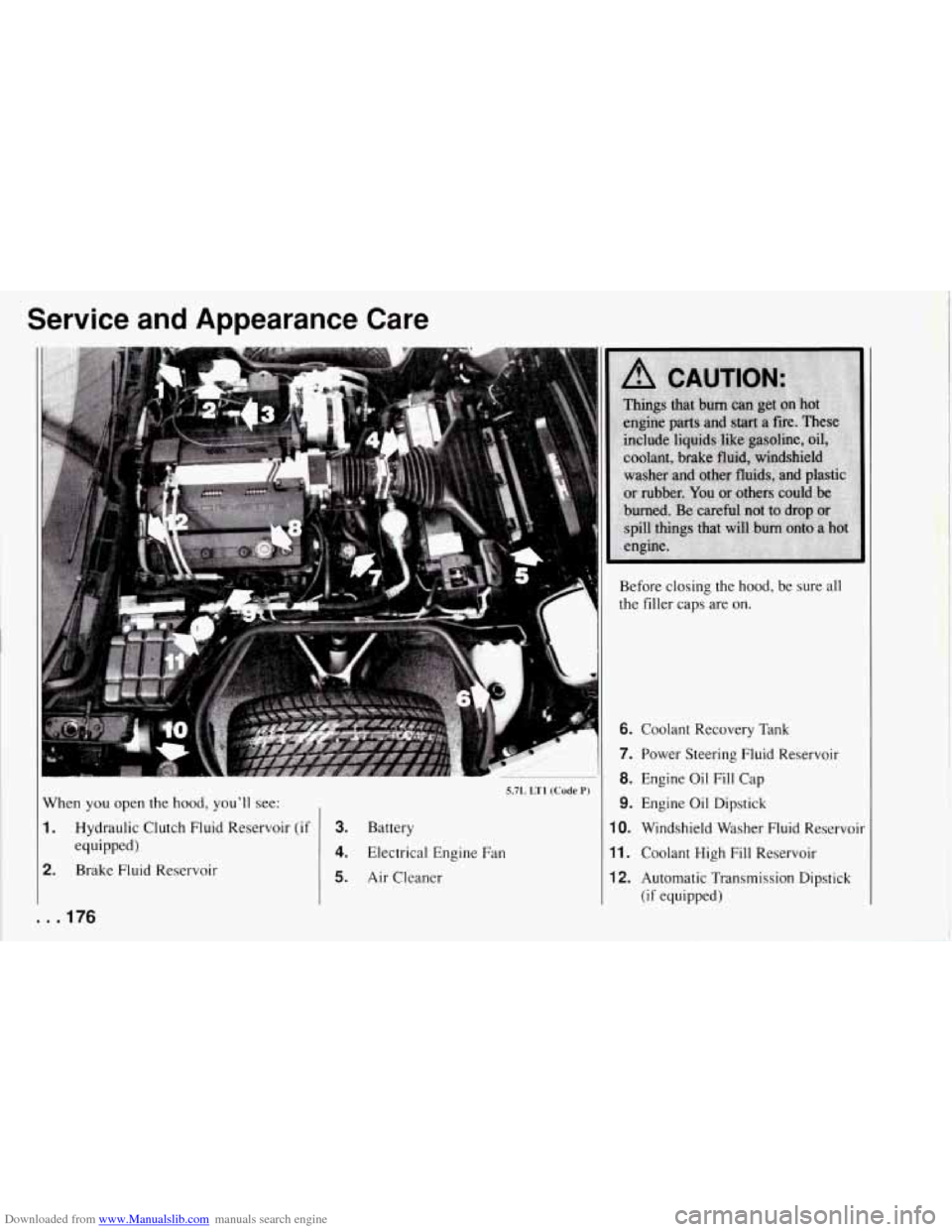 CHEVROLET CORVETTE 1994 4.G Owners Manual Downloaded from www.Manualslib.com manuals search engine Service  and  Appearance  Care 
When you open  the  hood,  youll see: 
1. Hydraulic  Clutch  Fluid  Reservoir (if 
2. Brake  Fluid  Reservoir 