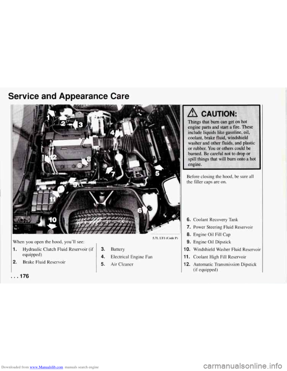 CHEVROLET CORVETTE 1994 4.G Owners Manual Downloaded from www.Manualslib.com manuals search engine Service and Appearance Care
When you open the hood, youll see:
1. Hydraulic Clutch Fluid Reservoir (if
2. Brake Fluid Reservoir CHEVROLET CORVETTE 1994 4.G Owners Manual Downloaded from www.Manualslib.com manuals search engine Service and Appearance Care
When you open the hood, youll see:
1. Hydraulic Clutch Fluid Reservoir (if
2. Brake Fluid Reservoir