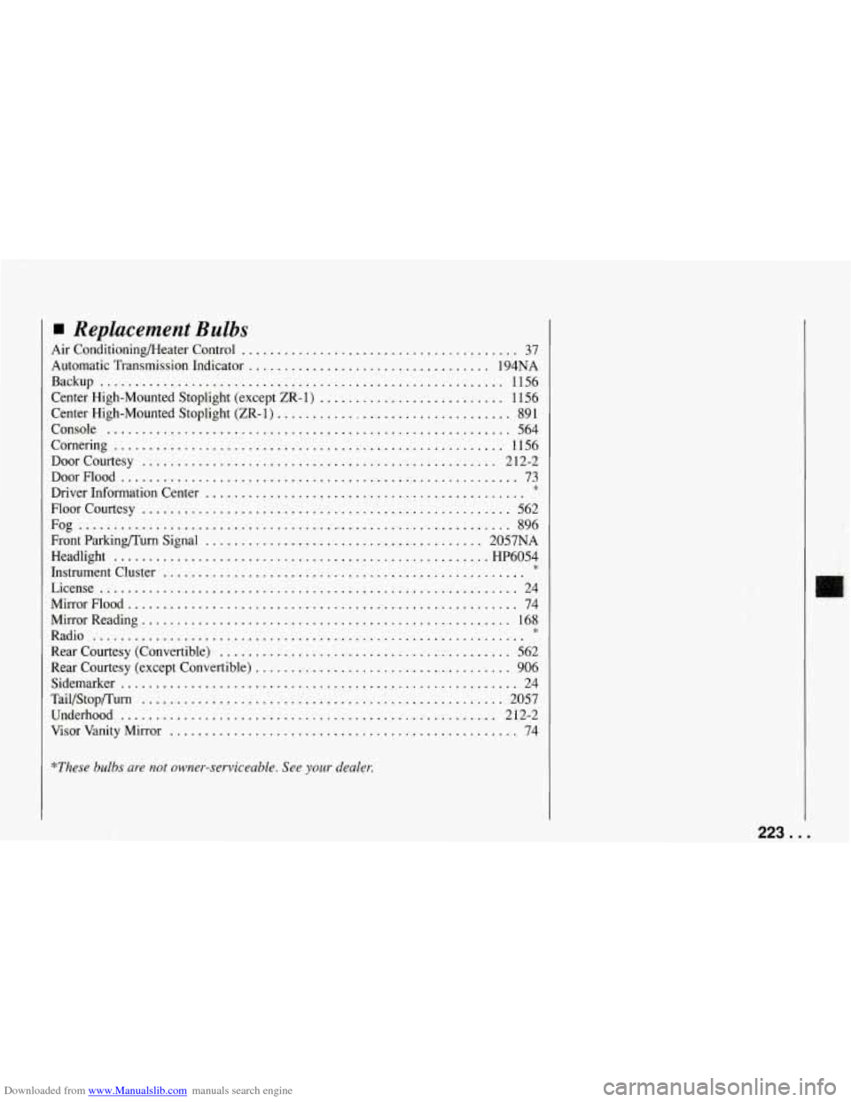 CHEVROLET CORVETTE 1994 4.G Repair Manual Downloaded from www.Manualslib.com manuals search engine Replacement Bulbs 
Air Conditioningmeater  Control ....................................... 37 
Automatic  Transmission  Indicator 
............