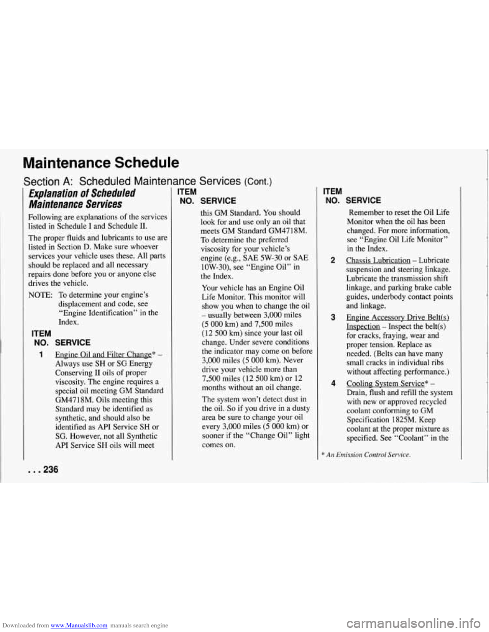 CHEVROLET CORVETTE 1994 4.G Owners Manual Downloaded from www.Manualslib.com manuals search engine Maintenance Schedule
C L Section A: Scheduled Maintenance Services (Cont.)
Explanation of Scheduled
Maintenance Services
Following are CHEVROLET CORVETTE 1994 4.G Owners Manual Downloaded from www.Manualslib.com manuals search engine Maintenance Schedule
C L Section A: Scheduled Maintenance Services (Cont.)
Explanation of Scheduled
Maintenance Services
Following are