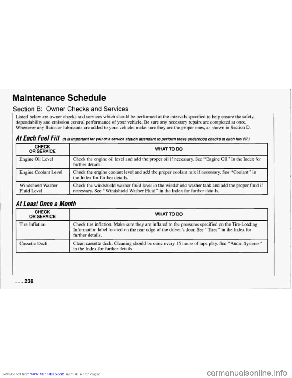 CHEVROLET CORVETTE 1994 4.G Owners Manual Downloaded from www.Manualslib.com manuals search engine Maintenance Schedule
Section B: Owner Checks and Services
isted below are owner checks and services which should be performed at th CHEVROLET CORVETTE 1994 4.G Owners Manual Downloaded from www.Manualslib.com manuals search engine Maintenance Schedule
Section B: Owner Checks and Services
isted below are owner checks and services which should be performed at th