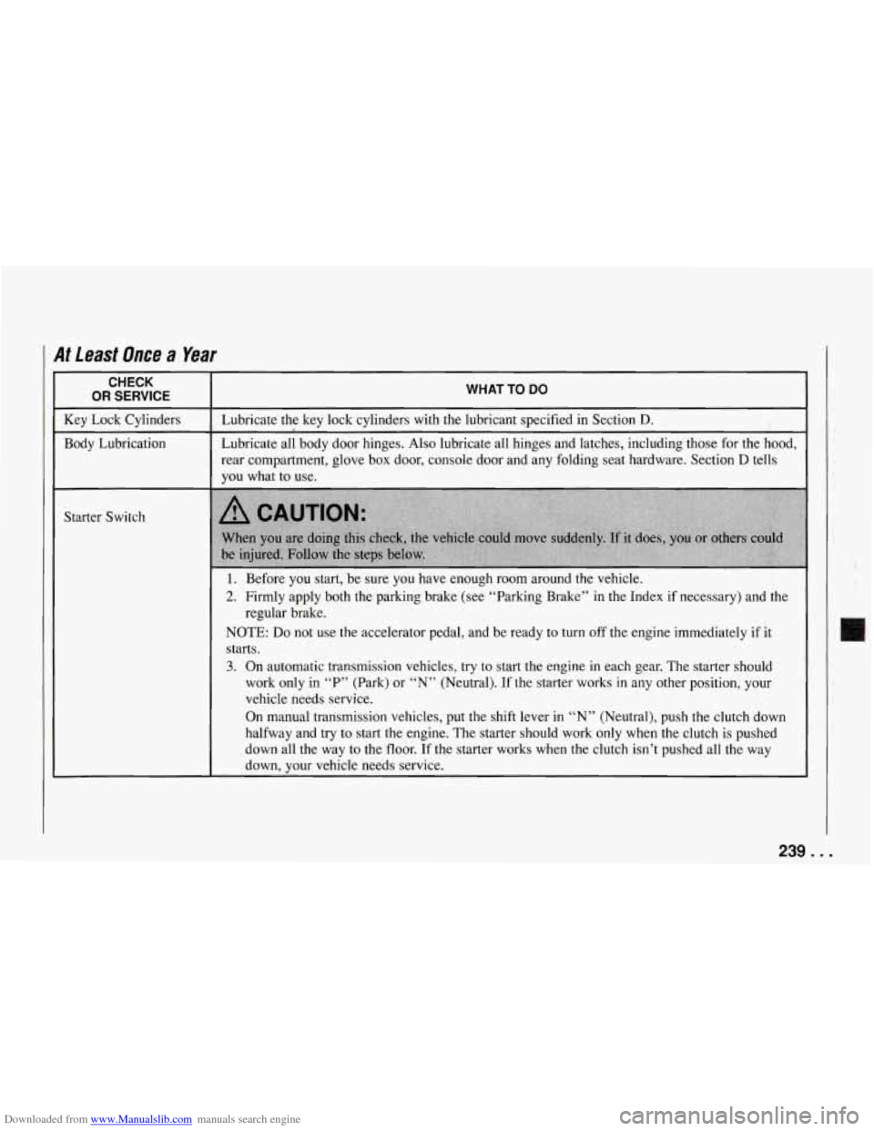 CHEVROLET CORVETTE 1994 4.G Owners Manual Downloaded from www.Manualslib.com manuals search engine I At Least Once a Year
WHAT TO DO
Lubricate the key lock cylinders with the lubricant specified in Section D.
Lubricate all body do CHEVROLET CORVETTE 1994 4.G Owners Manual Downloaded from www.Manualslib.com manuals search engine I At Least Once a Year
WHAT TO DO
Lubricate the key lock cylinders with the lubricant specified in Section D.
Lubricate all body do
