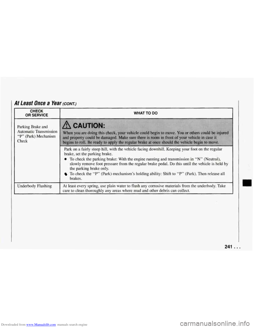 CHEVROLET CORVETTE 1994 4.G Owners Manual Downloaded from www.Manualslib.com manuals search engine I At Least Once a Year (CONI)
CHECK
OR SERVICE ~~ ~
Parking Brake and
Automatic Transmission “P” (Park) Mechanism
Check
Underb CHEVROLET CORVETTE 1994 4.G Owners Manual Downloaded from www.Manualslib.com manuals search engine I At Least Once a Year (CONI)
CHECK
OR SERVICE ~~ ~
Parking Brake and
Automatic Transmission “P” (Park) Mechanism
Check
Underb