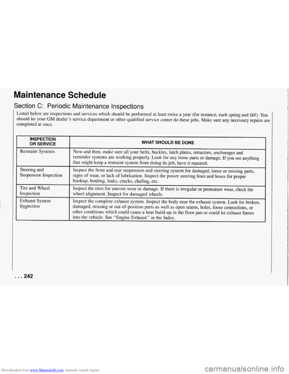 CHEVROLET CORVETTE 1994 4.G Owners Manual Downloaded from www.Manualslib.com manuals search engine Maintenance Schedule
I Section C: Periodic Maintenance Inspections
I
S
isted below are inspections and services which should be per CHEVROLET CORVETTE 1994 4.G Owners Manual Downloaded from www.Manualslib.com manuals search engine Maintenance Schedule
I Section C: Periodic Maintenance Inspections
I
S
isted below are inspections and services which should be per