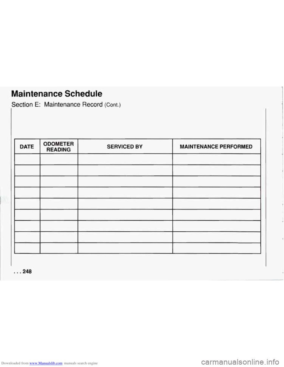 CHEVROLET CORVETTE 1994 4.G Owners Manual Downloaded from www.Manualslib.com manuals search engine Maintenance  Schedule 
DATE READING 
ODOMETER 
SERVICED BY MAINTENANCE  PERFORMED 
. . .24%   