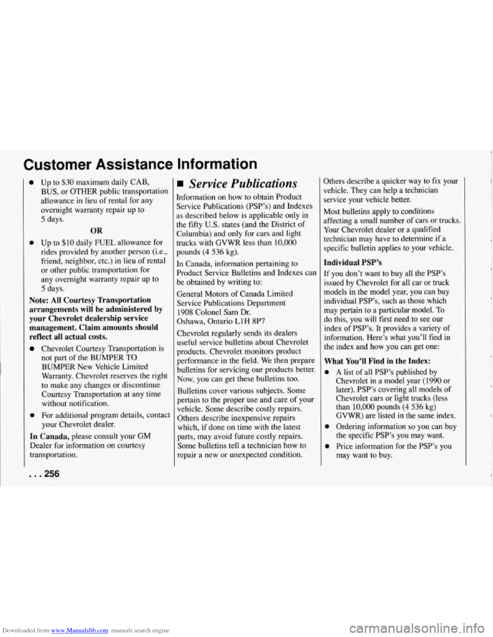 CHEVROLET CORVETTE 1994 4.G Owners Manual Downloaded from www.Manualslib.com manuals search engine Customer  Assistance  Information 
Up to $30 maximum  daily CAB, 
BUS,  or  OTHER  public  transportation 
allowance  in  lieu  of rental 
for 