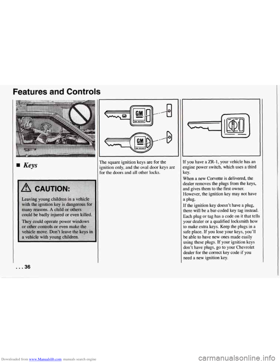 CHEVROLET CORVETTE 1994 4.G Owners Manual Downloaded from www.Manualslib.com manuals search engine Features  and  Controls 
Keys 
. . .36 
W 
’he square  ignition keys are for the 
;nition  only,  and  the  oval  door keys are 
x the doors 