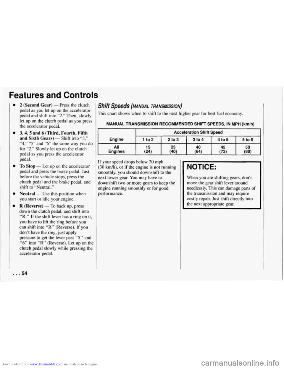 CHEVROLET CORVETTE 1994 4.G Owners Manual Downloaded from www.Manualslib.com manuals search engine Features  and  Controls 
0 
0 
0 
0 
0 
2 (Second  Gear) - Press  the  clutch 
pedal  as  you 
let up  on the accelerator 
pedal  and  shift  i