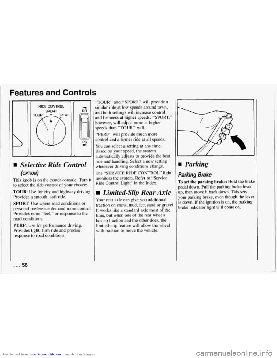 CHEVROLET CORVETTE 1994 4.G User Guide Downloaded from www.Manualslib.com manuals search engine Features and Controls 
RIDE CONTROL 
SPORT 
To@F 
fl 
- 
PS c 
Selective Ride Control 
(OPTION) 
This knob  is  on  the center console.  Turn i