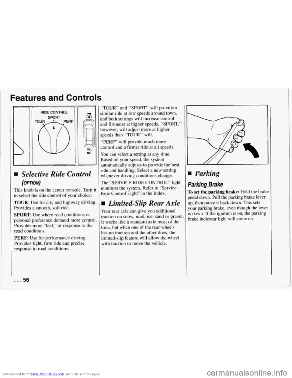 CHEVROLET CORVETTE 1994 4.G Owners Manual Downloaded from www.Manualslib.com manuals search engine Features and Controls 
RIDE CONTROL 
SPORT 
To@F 
fl 
- 
PS c 
Selective Ride Control 
(OPTION) 
This knob  is  on  the center console.  Turn i