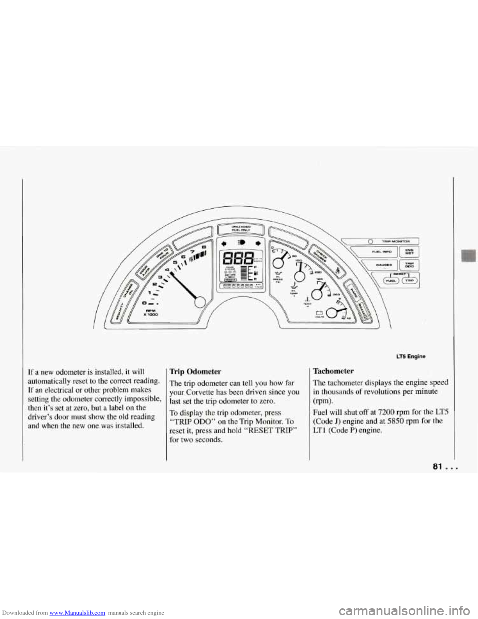 CHEVROLET CORVETTE 1994 4.G Owners Manual Downloaded from www.Manualslib.com manuals search engine If a new  odometer  is  installed,  it will 
automatically  reset  to  the  correct  reading. 
If an electrical  or  other  problem  makes 
set