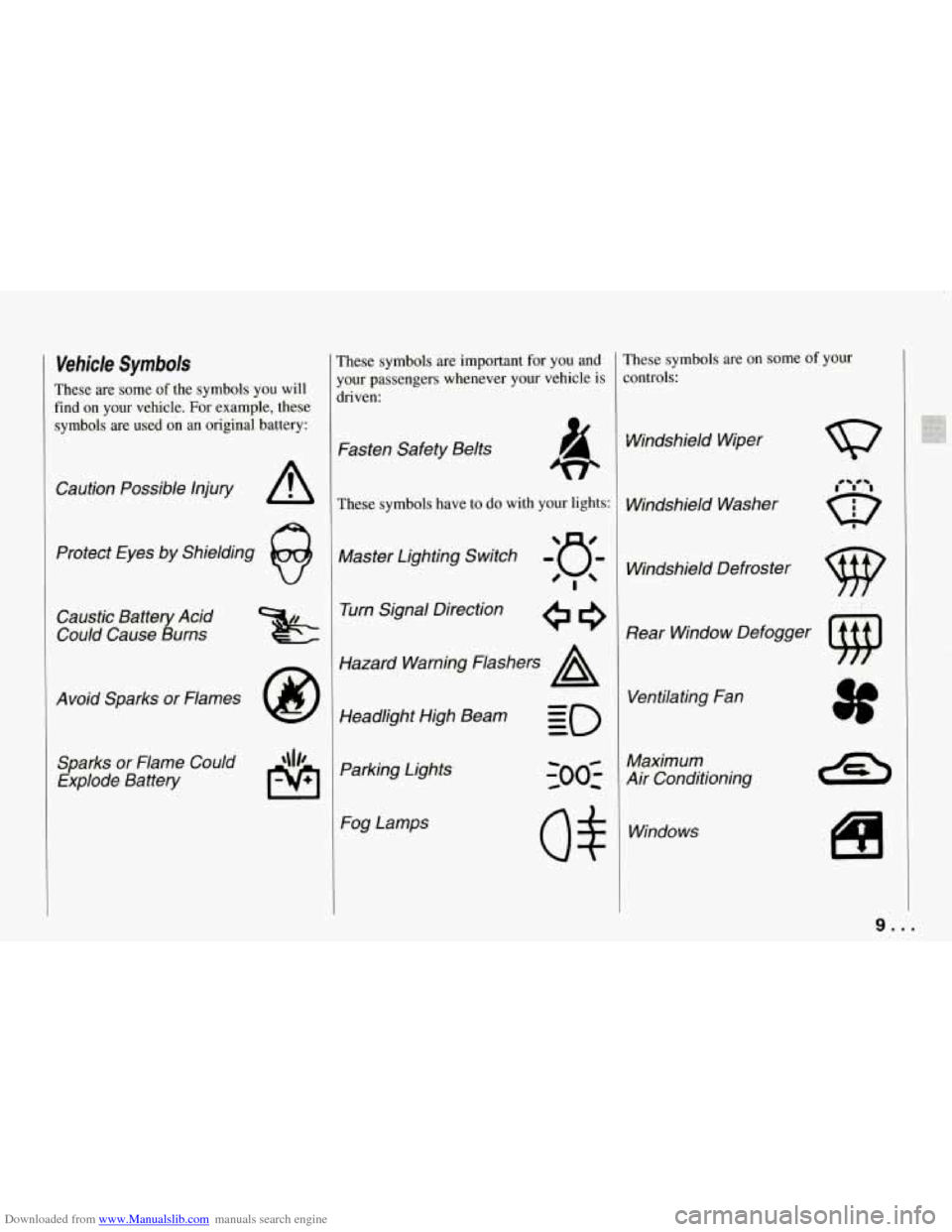 CHEVROLET CORVETTE 1994 4.G Owners Manual Downloaded from www.Manualslib.com manuals search engine Vehicle Symbols
These are some of the symbols you will
find on your vehicle. For example, these
symbols are used on an original CHEVROLET CORVETTE 1994 4.G Owners Manual Downloaded from www.Manualslib.com manuals search engine Vehicle Symbols
These are some of the symbols you will
find on your vehicle. For example, these
symbols are used on an original
