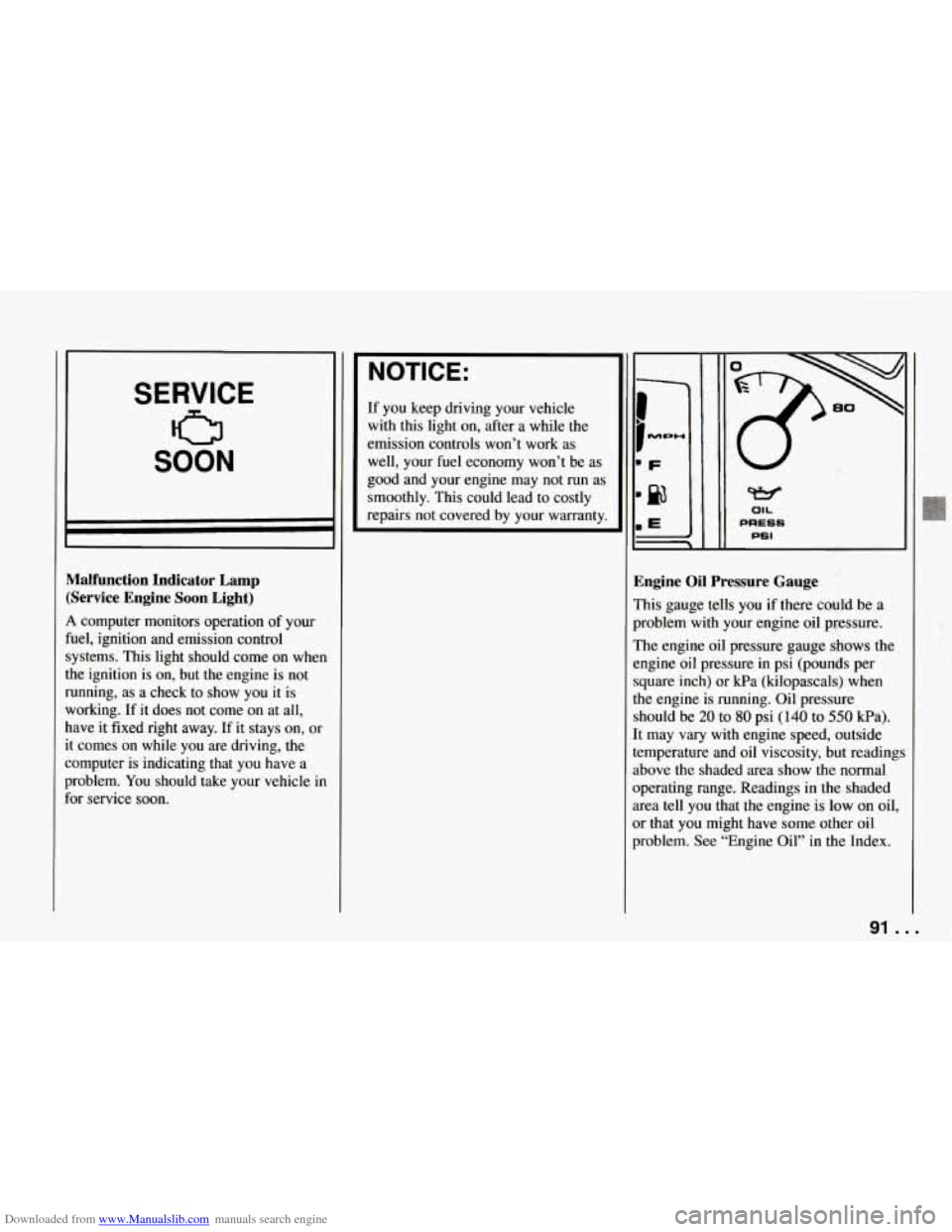 CHEVROLET CORVETTE 1994 4.G User Guide Downloaded from www.Manualslib.com manuals search engine SERVICE 
SOON 
0 
Malfunction  Indicator  Lamp (Service  Engine  Soon  Light) 
A computer  monitors  operation  of  your 
fuel,  ignition  and 