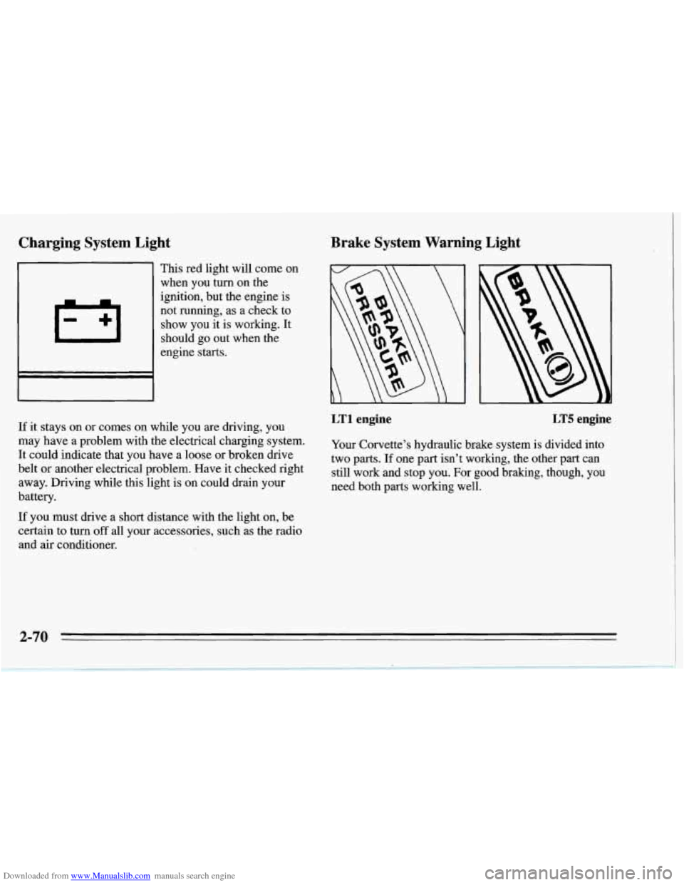 CHEVROLET CORVETTE 1995 4.G Owners Manual Downloaded from www.Manualslib.com manuals search engine Charging  System  Light 
. 
This red light will  come on 
when you  turn on the 
ignition,  but the engine  is 
not running,  as a check  to 
s