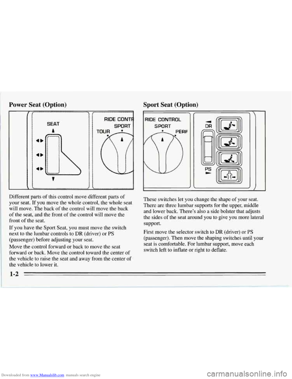 CHEVROLET CORVETTE 1995 4.G User Guide Downloaded from www.Manualslib.com manuals search engine Power Seat  (Option) 
4b 
SEAT 
i 
Sport  Seat  (Option) 
RIDE CONTROL 
SPORT 
Different  parts of this control  move different  parts  of 
you