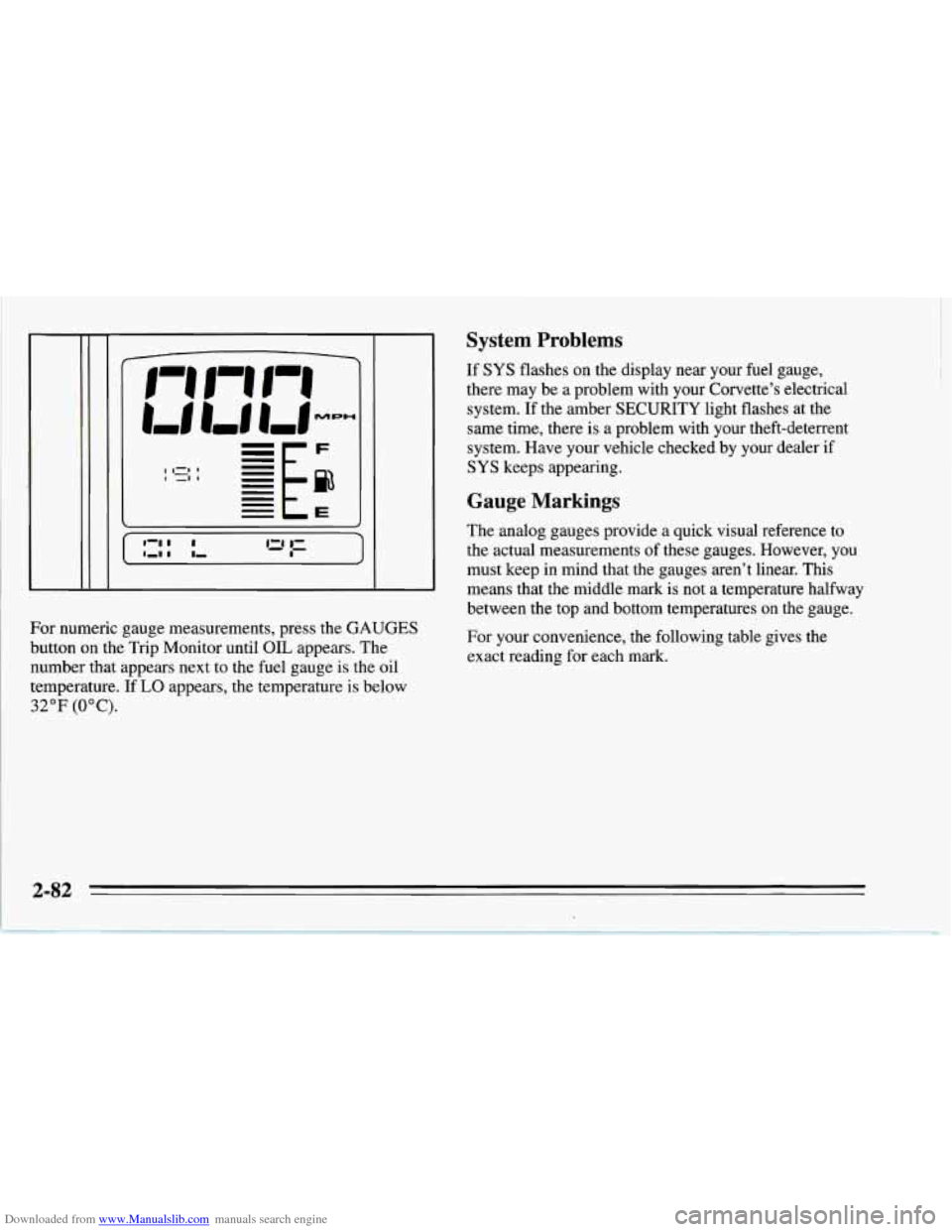 CHEVROLET CORVETTE 1995 4.G Owners Manual Downloaded from www.Manualslib.com manuals search engine I 1=1 1 I -1 I
r .
For numeric gauge measurements, press the GAUGES
button on the Trip Monitor until OIL appears. The
number that appears CHEVROLET CORVETTE 1995 4.G Owners Manual Downloaded from www.Manualslib.com manuals search engine I 1=1 1 I -1 I
r .
For numeric gauge measurements, press the GAUGES
button on the Trip Monitor until OIL appears. The
number that appears