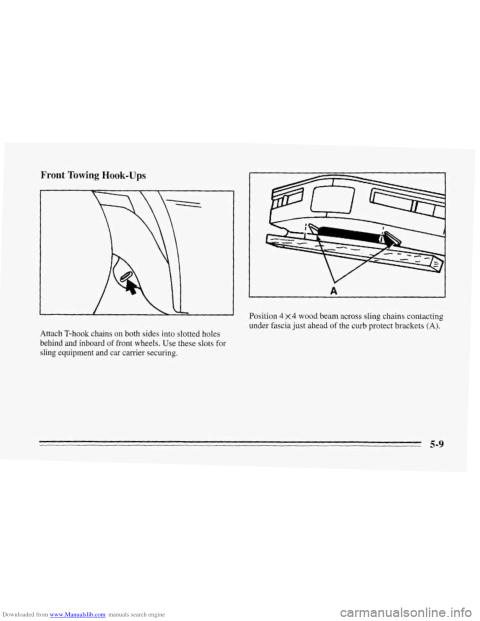 CHEVROLET CORVETTE 1995 4.G Owners Manual Downloaded from www.Manualslib.com manuals search engine Front Towing Hook-Ups 
Position 4 x4 wood beam across sling chains contacting 
under fascia  just ahead  of the curb protect brackets 
(A). 
At