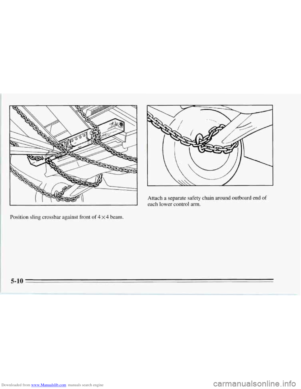 CHEVROLET CORVETTE 1995 4.G Owners Manual Downloaded from www.Manualslib.com manuals search engine I I 
Position  sling crossbar  against  front of 4 X 4 beam.  Attach a 
separate safety chain around outboard end  of 
each lower  control 
arm