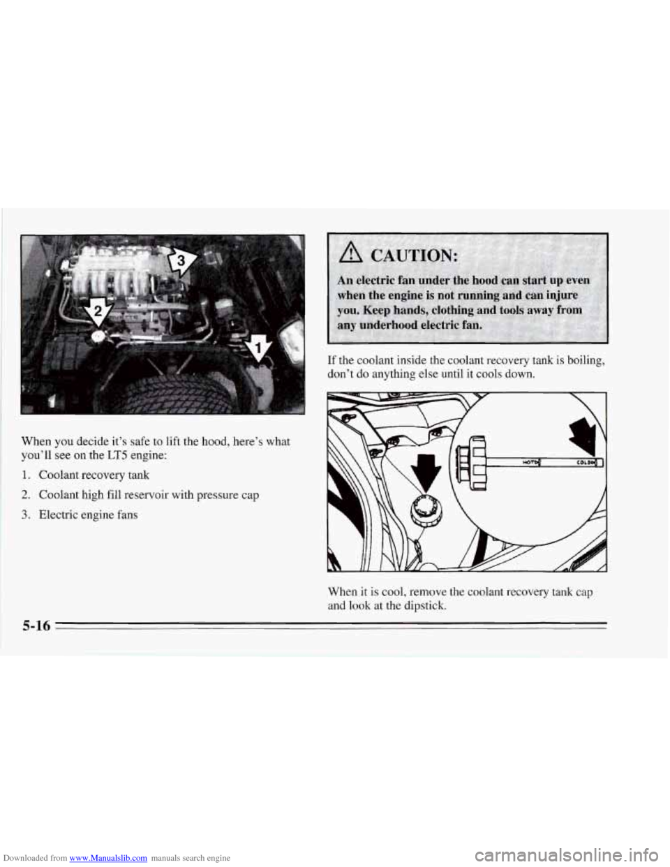 CHEVROLET CORVETTE 1995 4.G Owners Manual Downloaded from www.Manualslib.com manuals search engine If the coolant inside the coolant recovery  tank is boiling, 
don’t  do anything  else until  it cools down. 
When  you decide  it’s safe  