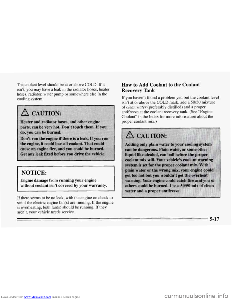 CHEVROLET CORVETTE 1995 4.G Owners Manual Downloaded from www.Manualslib.com manuals search engine The coolant level should be at or  above COLD. If it 
isn’t,  you  may  have a leak in the radiator hoses, heater 
hoses, radiator, water pum