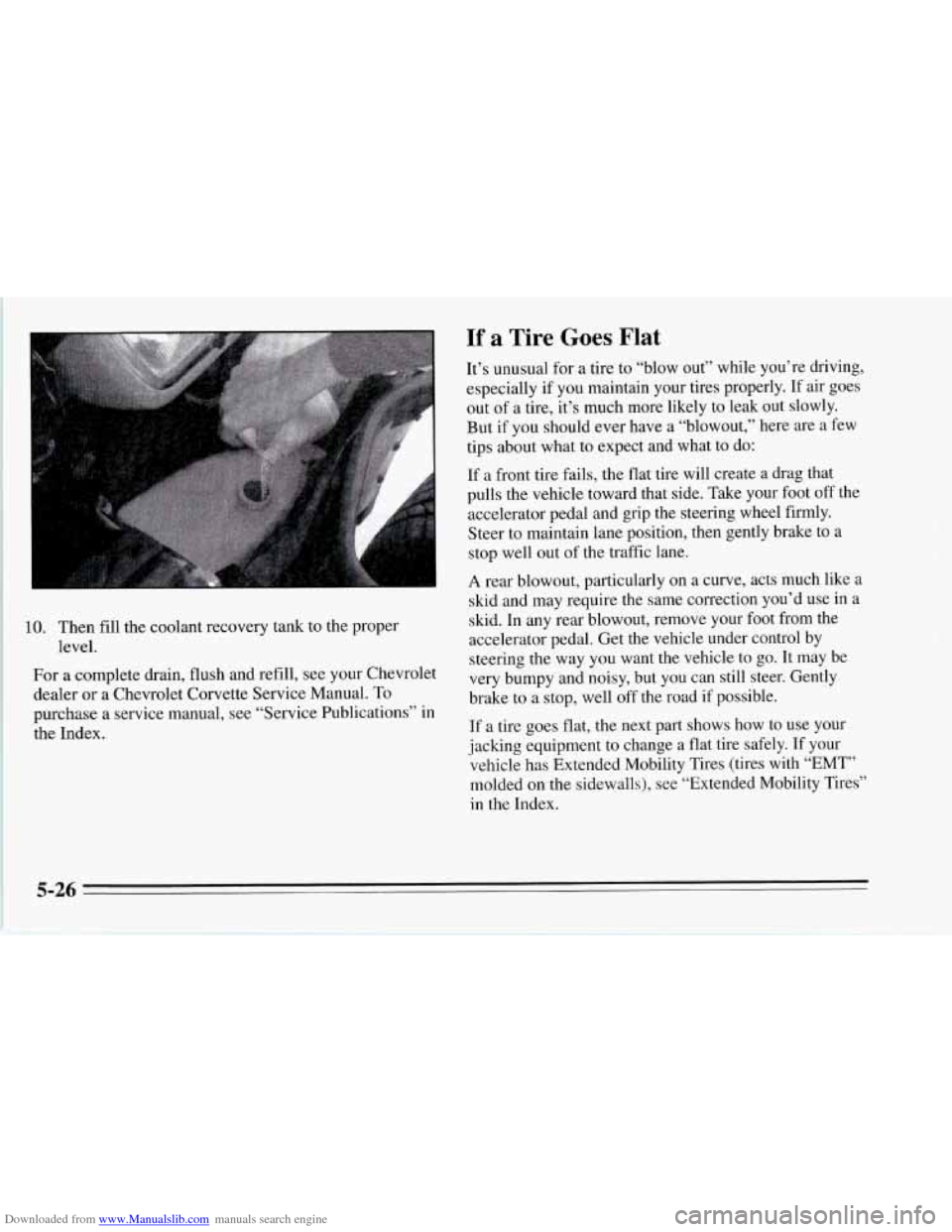 CHEVROLET CORVETTE 1995 4.G Owners Manual Downloaded from www.Manualslib.com manuals search engine 10. Then fill the coolant recovery tank
level. to the proper
For a complete drain, flush and refill, see your Chevrolet
dealer
or CHEVROLET CORVETTE 1995 4.G Owners Manual Downloaded from www.Manualslib.com manuals search engine 10. Then fill the coolant recovery tank
level. to the proper
For a complete drain, flush and refill, see your Chevrolet
dealer
or