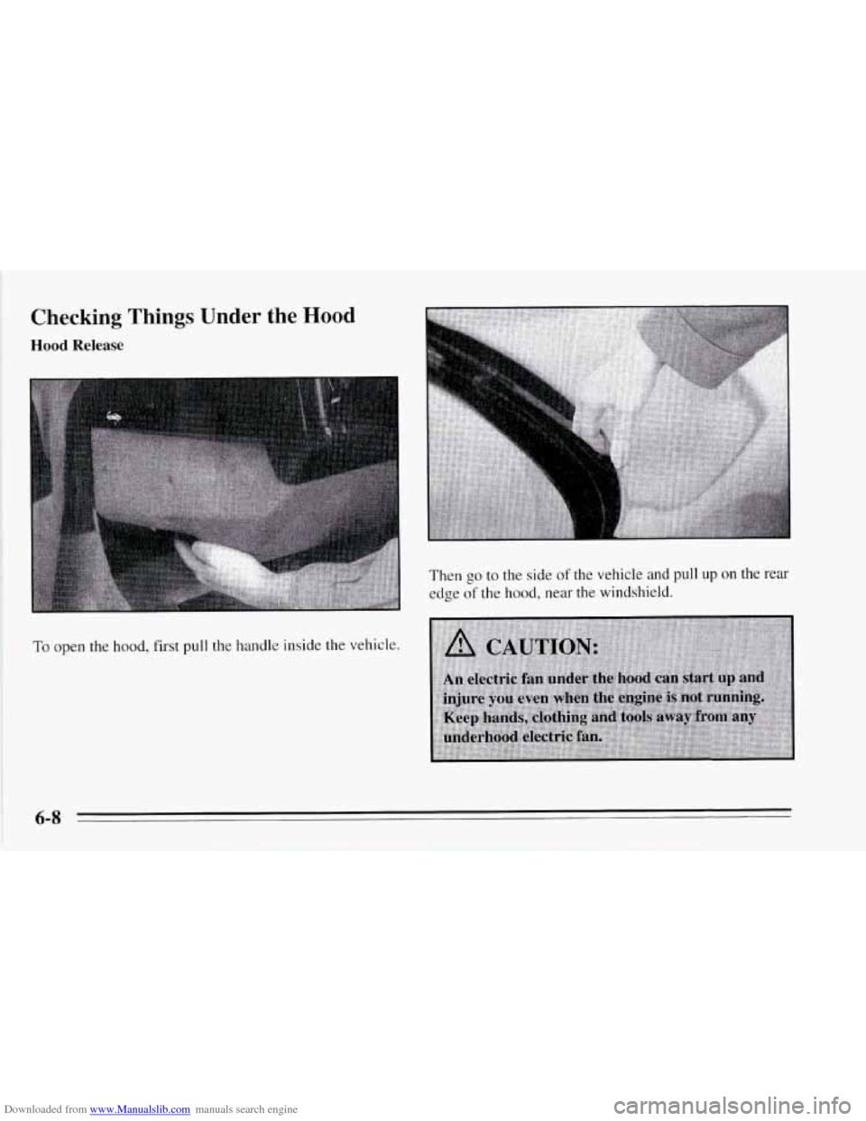 CHEVROLET CORVETTE 1995 4.G Owners Manual Downloaded from www.Manualslib.com manuals search engine Checking Things Under the Hood 
Hood Release 
To open  the hood, first pull the  handle  inside the vehicle.  Then 
go to the side of the 
vehi