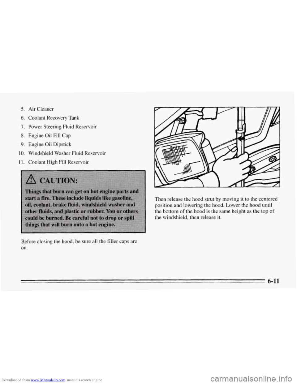 CHEVROLET CORVETTE 1995 4.G Owners Manual Downloaded from www.Manualslib.com manuals search engine 5.
6.
7.
8.
9.
10.
11.
Air Cleaner Coolant Recovery Tank
Power Steering Fluid Reservoir
Engine Oil Fill Cap
Engine Oil Dipsti CHEVROLET CORVETTE 1995 4.G Owners Manual Downloaded from www.Manualslib.com manuals search engine 5.
6.
7.
8.
9.
10.
11.
Air Cleaner Coolant Recovery Tank
Power Steering Fluid Reservoir
Engine Oil Fill Cap
Engine Oil Dipsti