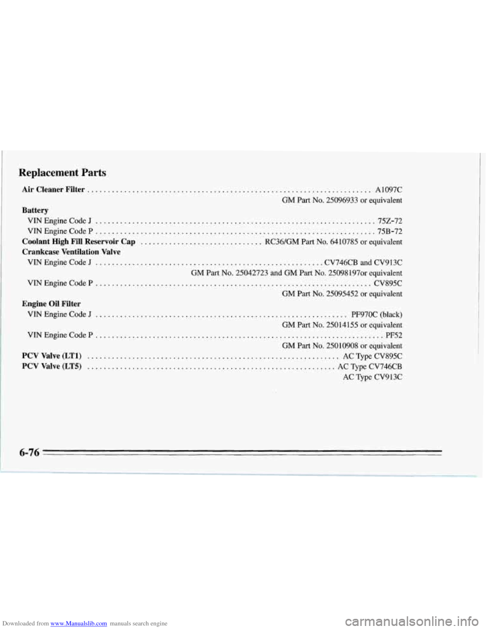 CHEVROLET CORVETTE 1995 4.G Owners Manual Downloaded from www.Manualslib.com manuals search engine Replacement Parts
Air Cleaner Filter ......................................
Battery
VIN Engine Code J .................................... CHEVROLET CORVETTE 1995 4.G Owners Manual Downloaded from www.Manualslib.com manuals search engine Replacement Parts
Air Cleaner Filter ......................................
Battery
VIN Engine Code J ....................................