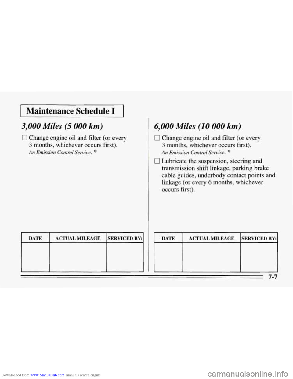 CHEVROLET CORVETTE 1995 4.G Owners Manual Downloaded from www.Manualslib.com manuals search engine 1 Maintenance  Schedule I 
3,000 Miles (5 000 km) 
17 Change  engine oil and filter (or  every 
3 months,  whichever  occurs first). 
An Emissi