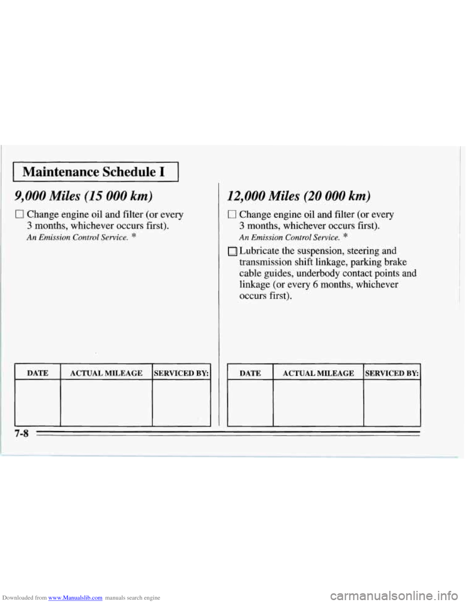 CHEVROLET CORVETTE 1995 4.G Owners Manual Downloaded from www.Manualslib.com manuals search engine I Maintenance  Schedule I 
9,000 Miles (15 000 km) 
0 Change engine oil and filter (or every 
3 months, whichever occurs first). 
An  Emission 