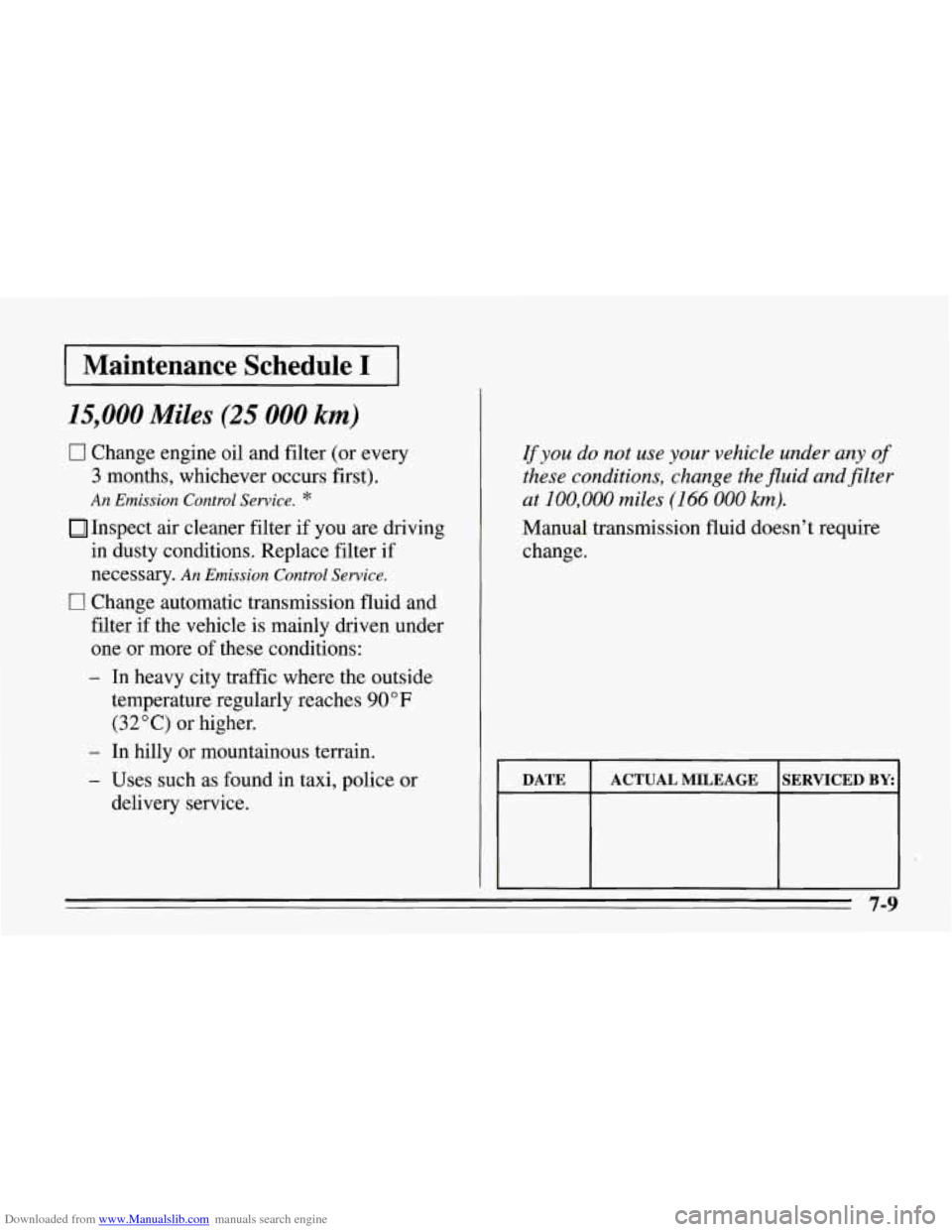 CHEVROLET CORVETTE 1995 4.G Owners Manual Downloaded from www.Manualslib.com manuals search engine I Maintenance Schedule I I
15,000 Miles (25 000 km)
0 Change engine oil and filter (or every
3 months, whichever occurs first).
An CHEVROLET CORVETTE 1995 4.G Owners Manual Downloaded from www.Manualslib.com manuals search engine I Maintenance Schedule I I
15,000 Miles (25 000 km)
0 Change engine oil and filter (or every
3 months, whichever occurs first).
An