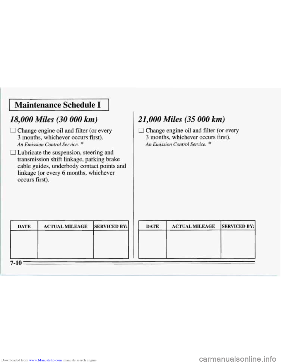 CHEVROLET CORVETTE 1995 4.G Owners Manual Downloaded from www.Manualslib.com manuals search engine I Maintenance  Schedule I I 
18,000 Miles (30 000 km) 
0 Change  engine oil and  filter (or every 
3 months, whichever occurs first). 
An Emiss