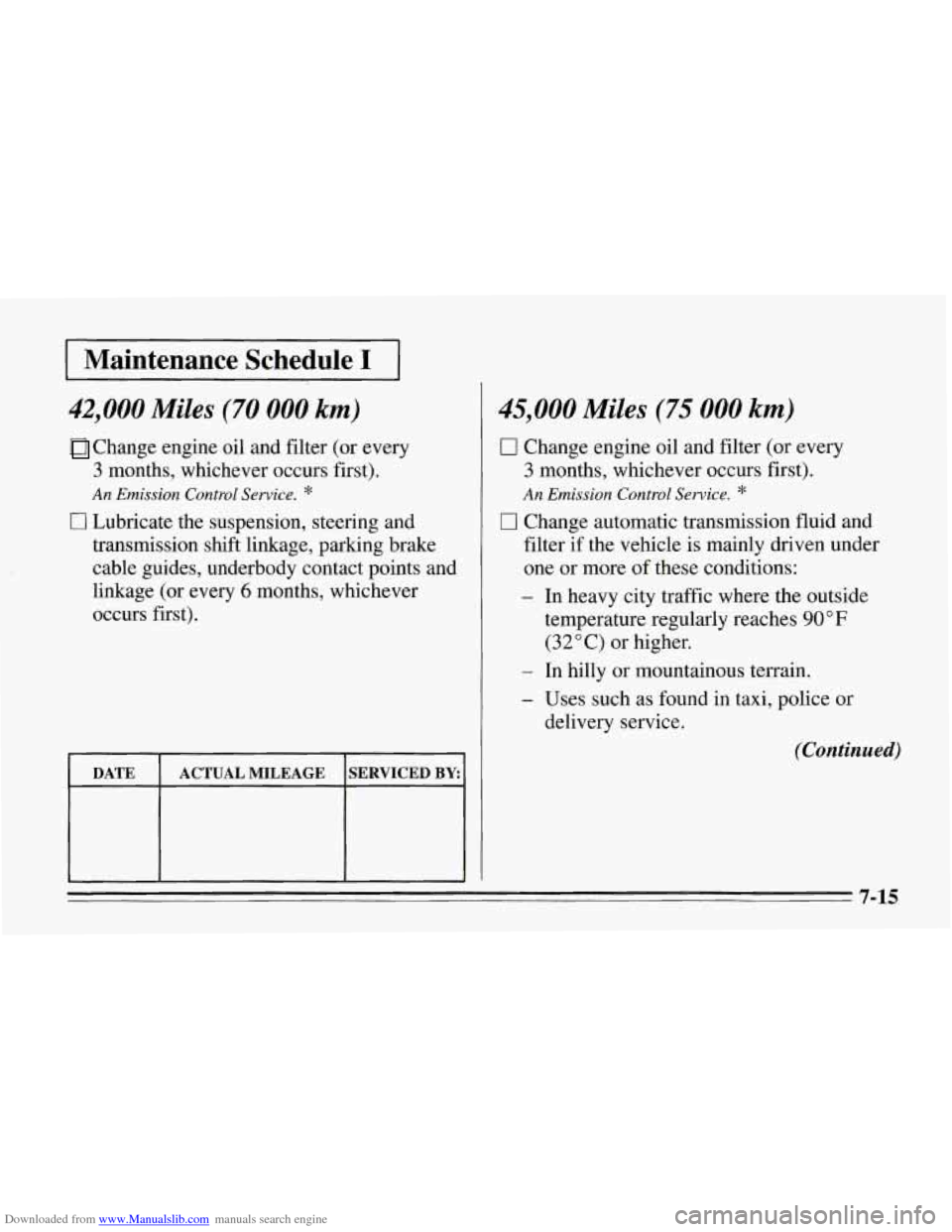 CHEVROLET CORVETTE 1995 4.G Owners Manual Downloaded from www.Manualslib.com manuals search engine I Maintenance  Schedule I 1 
42,000 Miles (70 000 km) 
Change  engine oil and  filter (or  every 
3 months,  whichever  occurs  first). 
0 Lubr